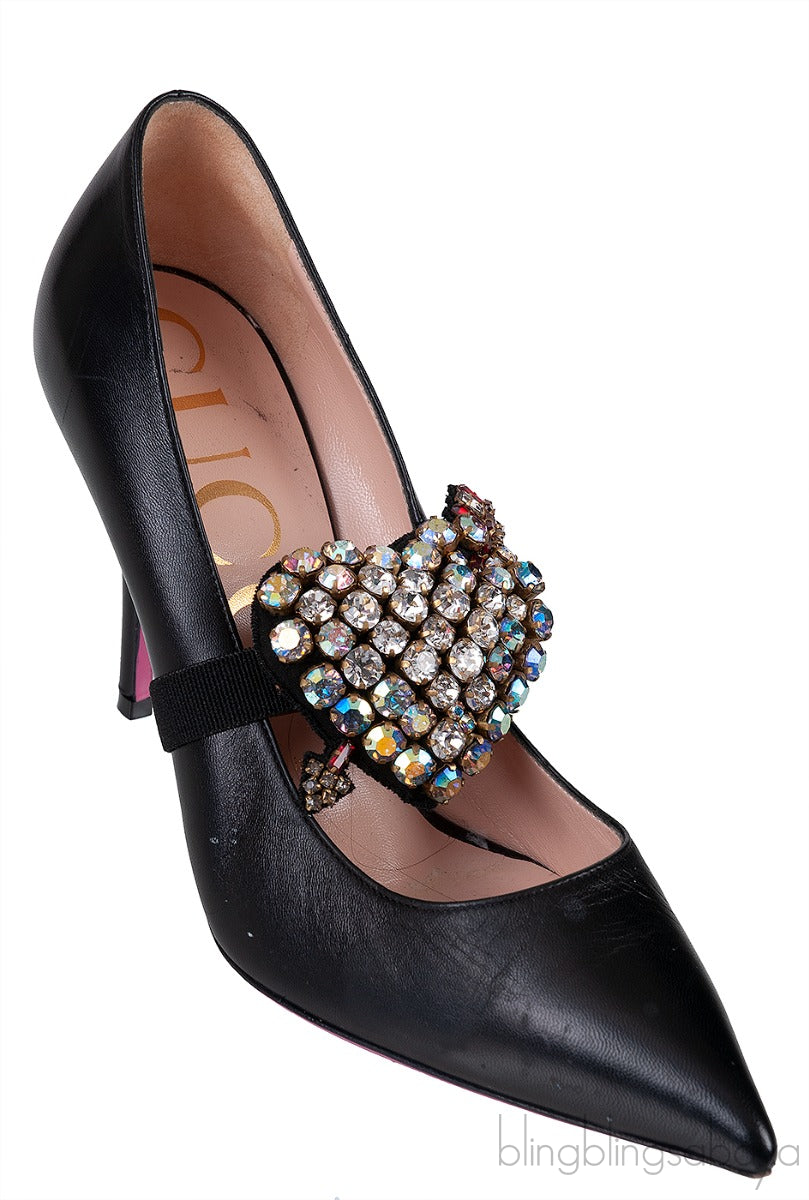 Black Leather Heart Crystal Heels