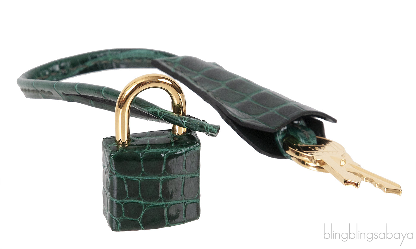 Kelly 25 Sellier Vert Fonce Patent Crocodile GHW
