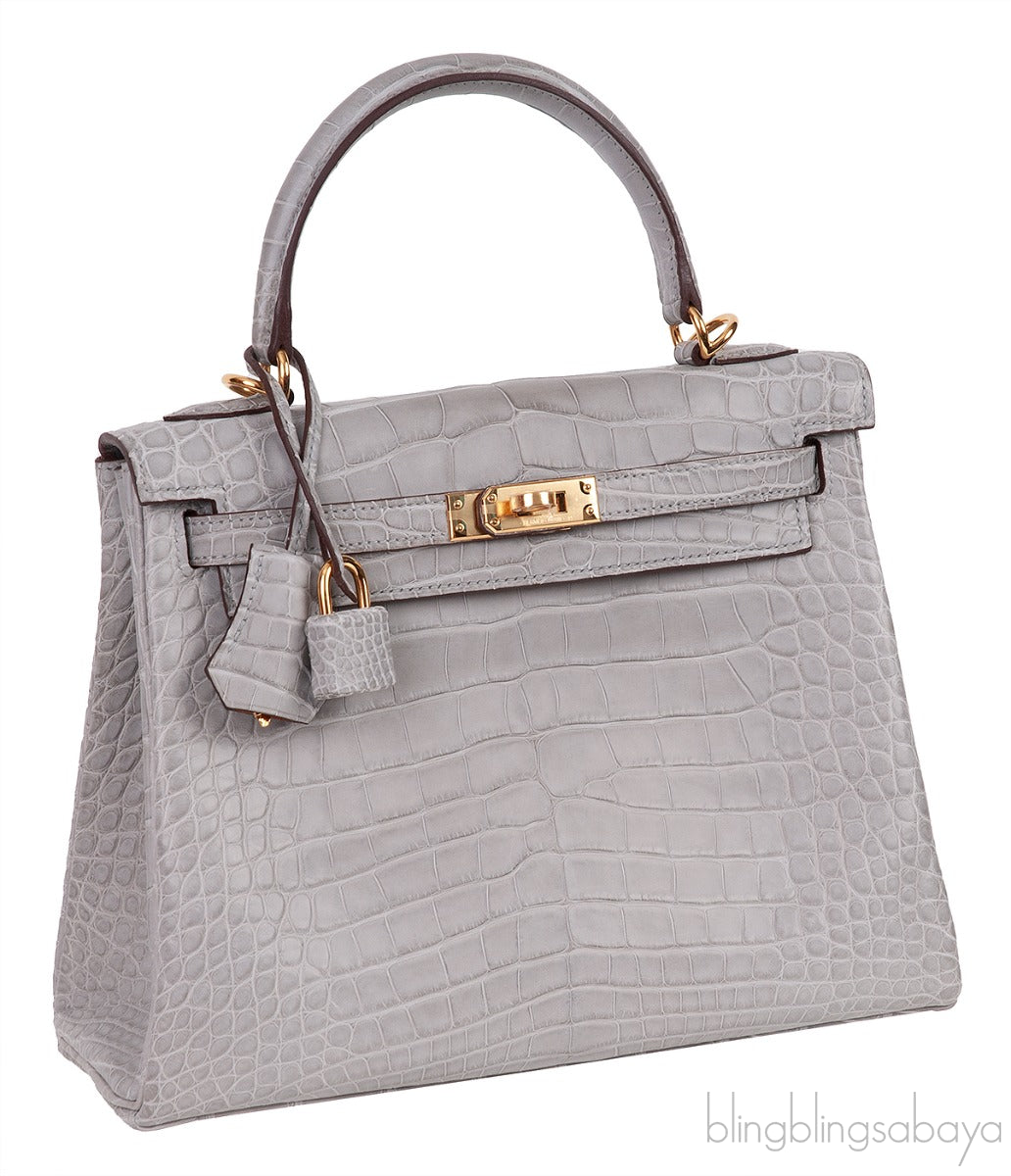 Hermes Special Order Kelly 25 Matte Gris Perle Crocodile and Toffee GHW