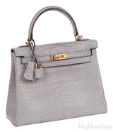 Hermes Special Order Kelly 25 Matte Gris Perle Crocodile and Toffee GHW