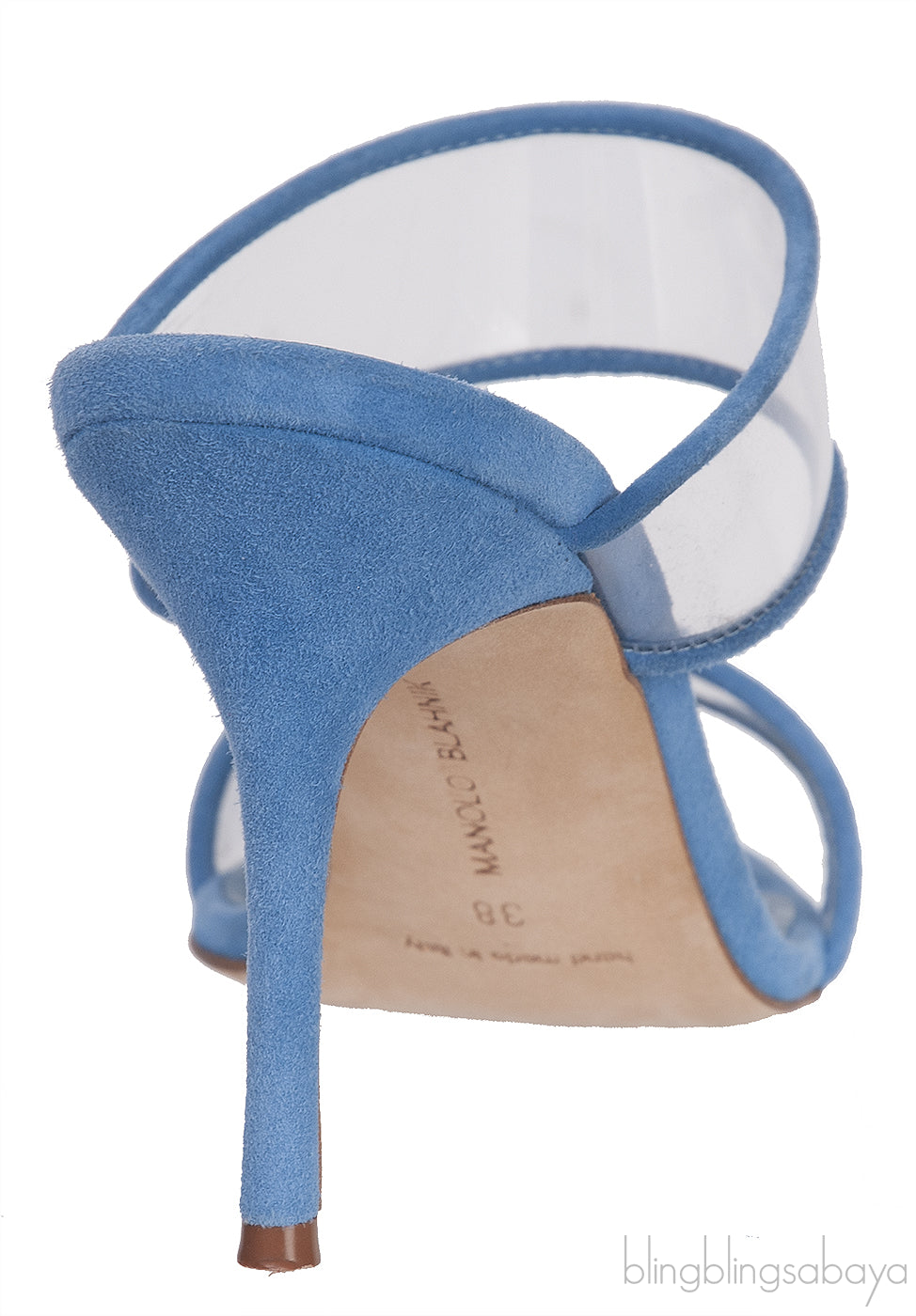 Manolo Blahnik Blue Invymu Suede PVC Open Toe Mules