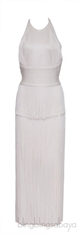 White Fringed Halter Neck Dress