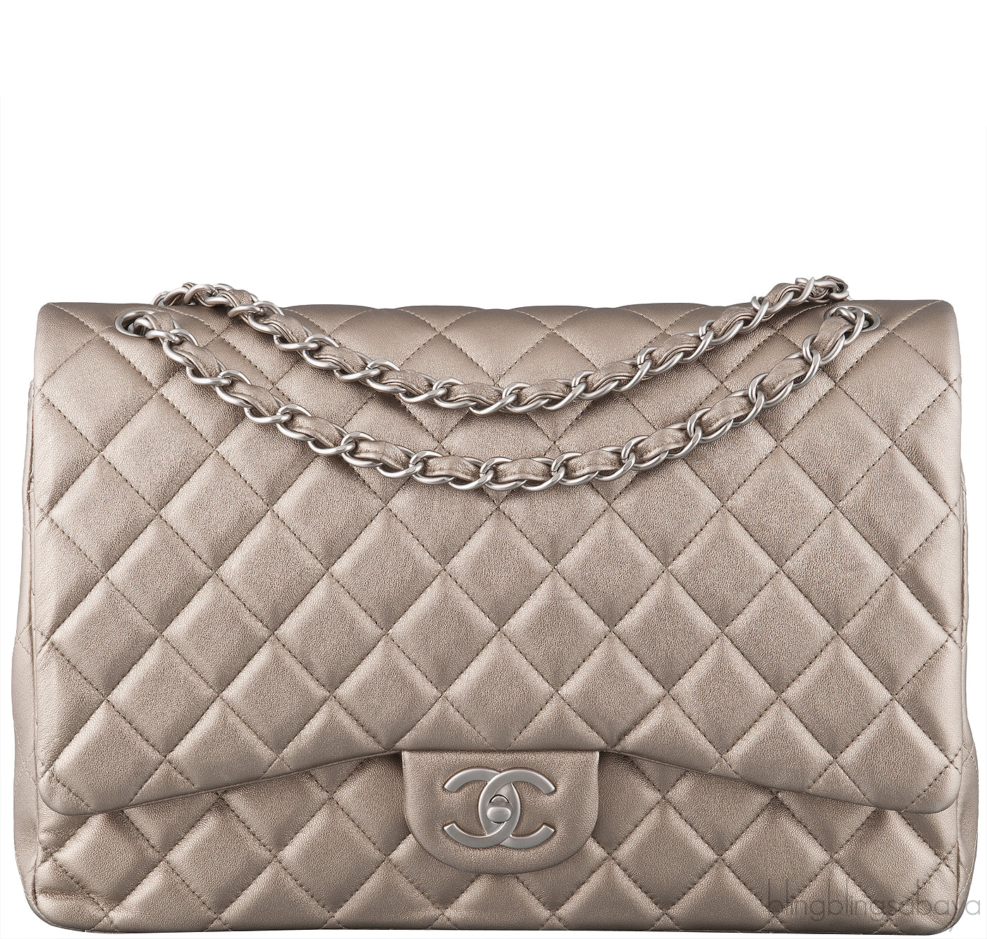 Metallic Silvery Gold Quilted Maxi Flap Bag