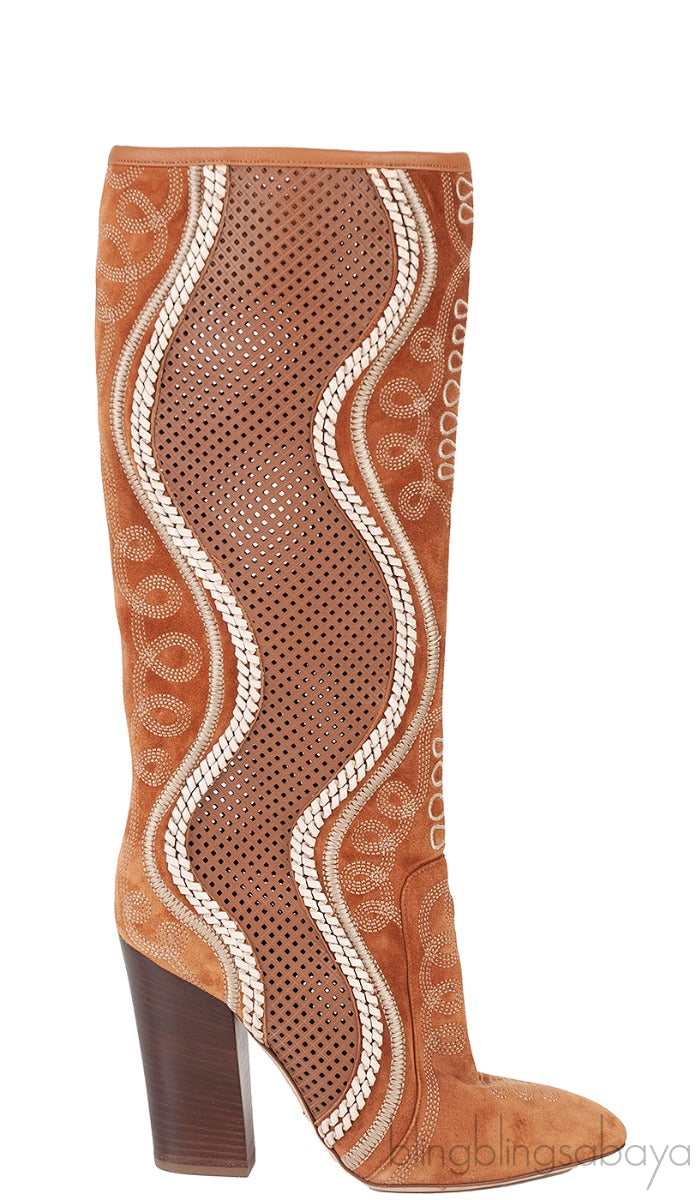 Brown Perforated Texan Knee High Boots