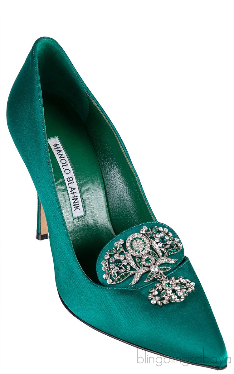 Emerald Green Crystal Satin Heels