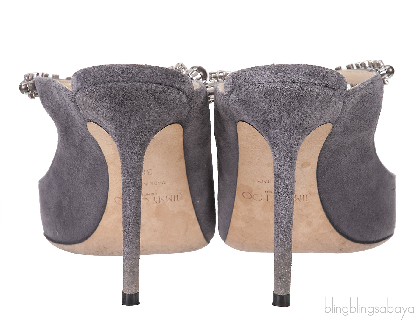 Jimmy Choo Grey Suede Bing Crystal Leather 100mm Crystal Mules