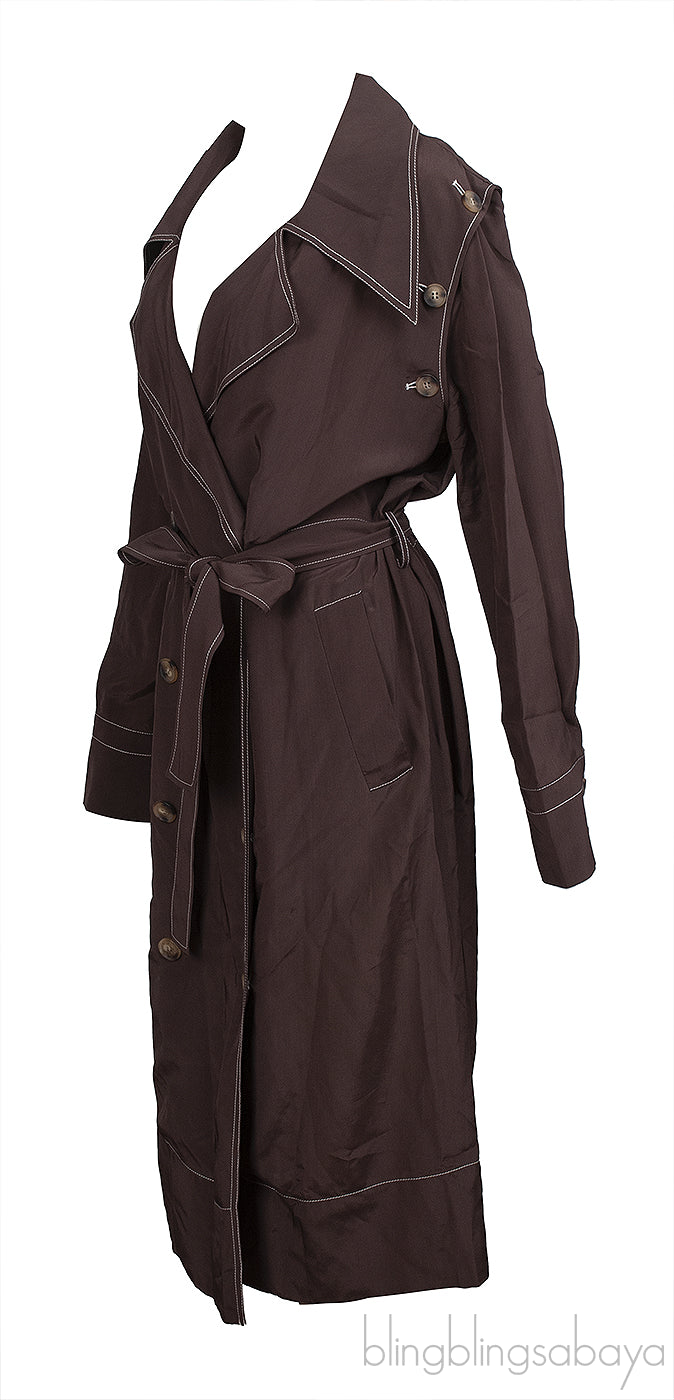 Rejina Pyo Brown Viscose Contrast-Stitch Trench Coat