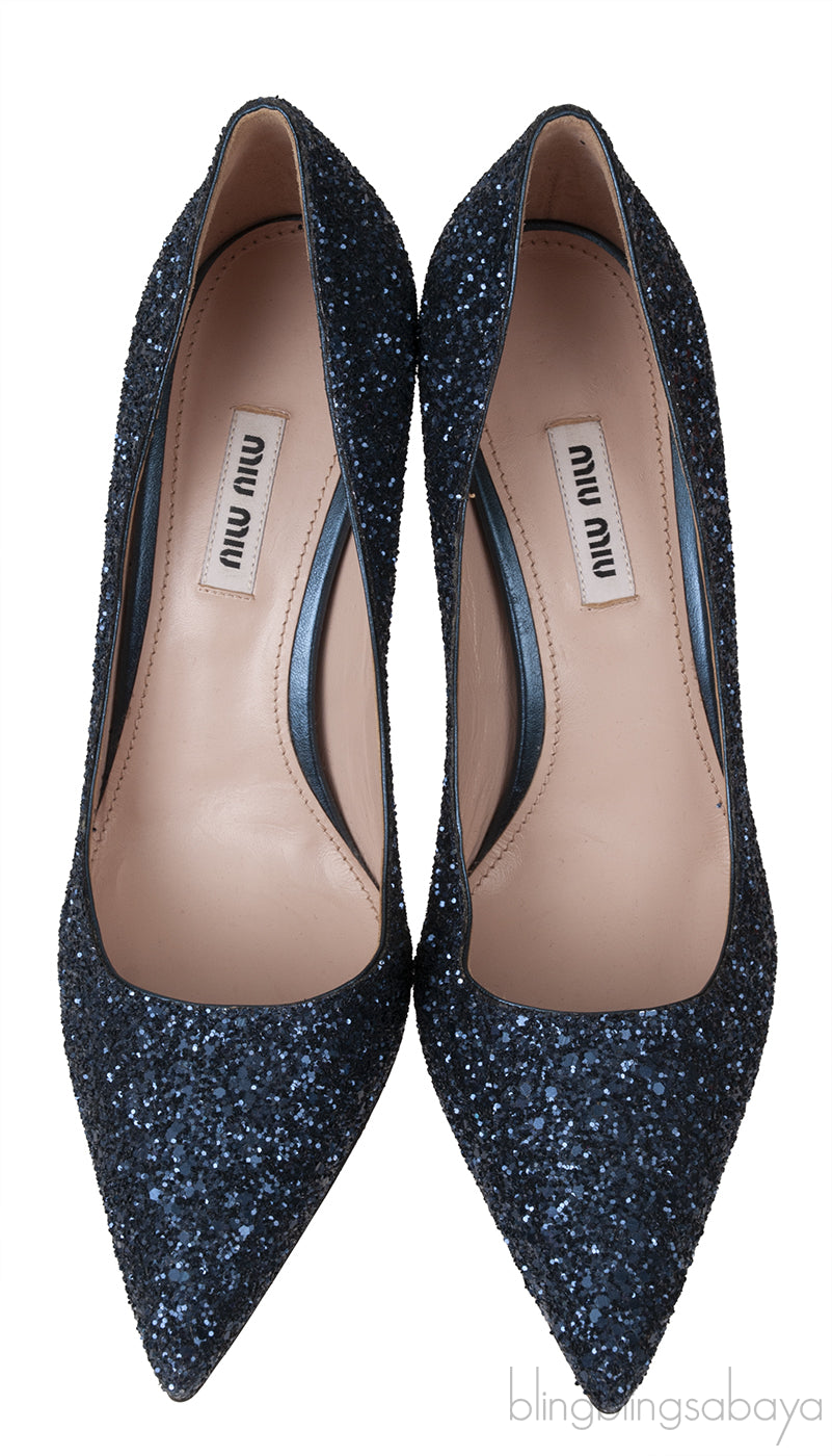 Blue Glitter Argento Pointed Toe Crystal Embellished Heels