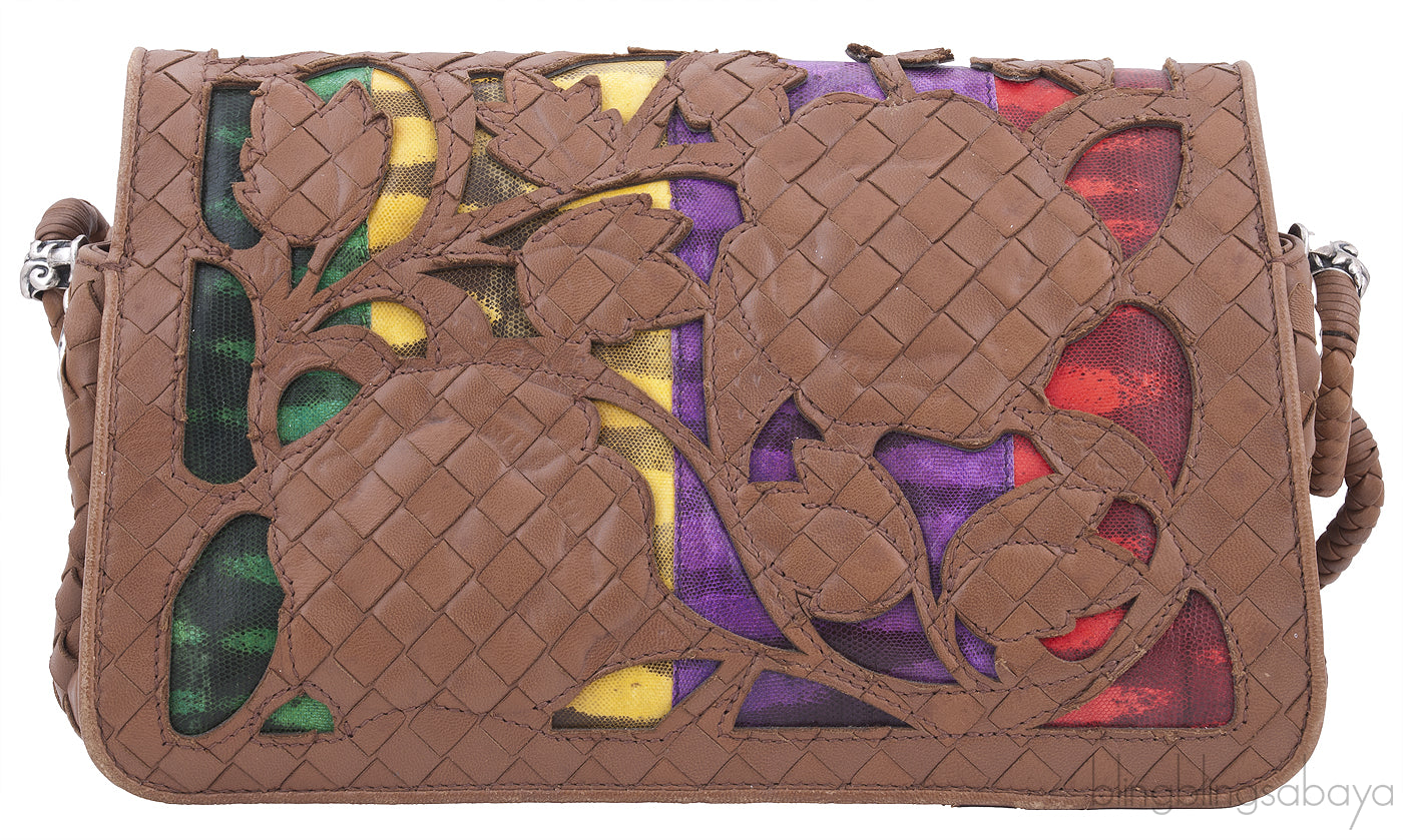 Brown Intrecciato Floral Chain Handle Bag