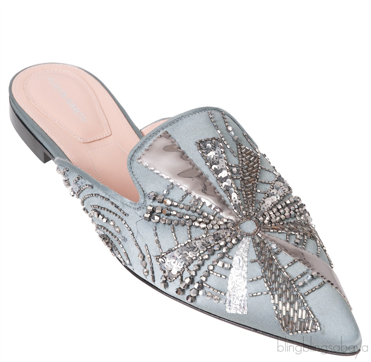 Grey Satin Sequin Embellished Pointed Toe Mule