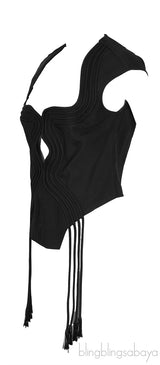 Black Cut-out Tasseled Woven Top