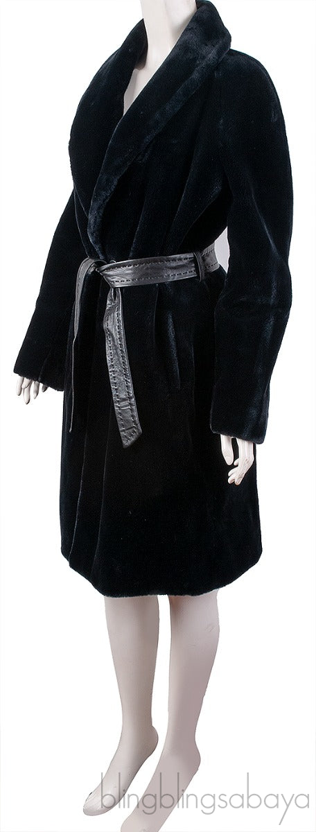Black Acrylic Fux Fur Coat  w/ Belt