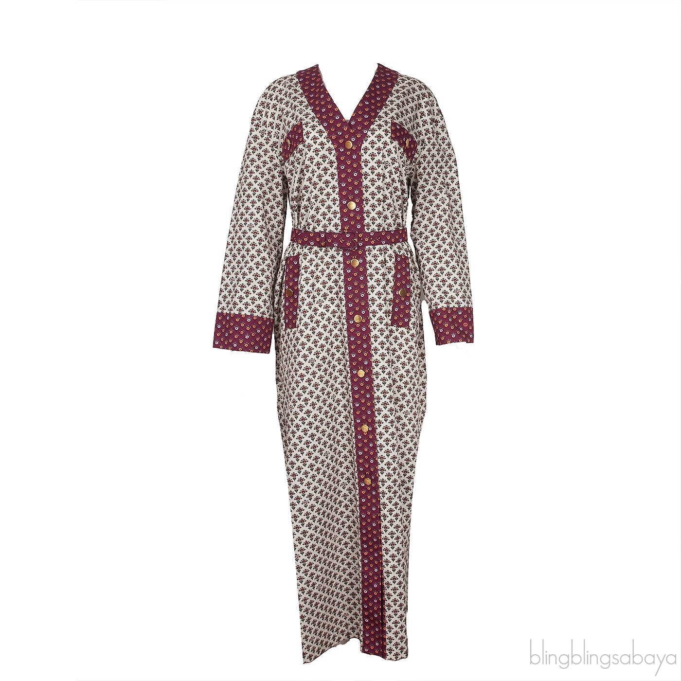 Off-White Burgundy Floral Print Belted Dress