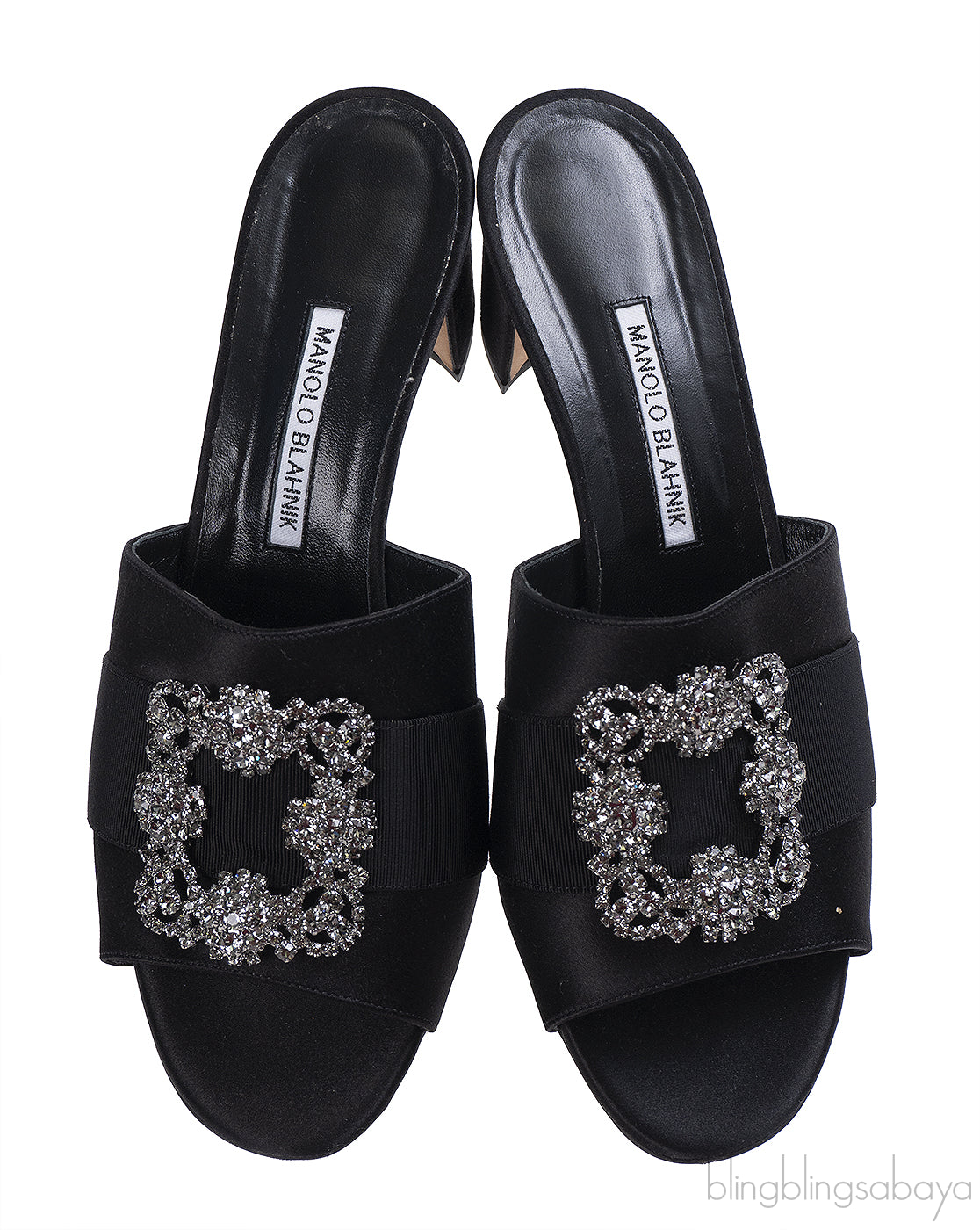 Manolo Blahnik Martamod Black Satin Mules