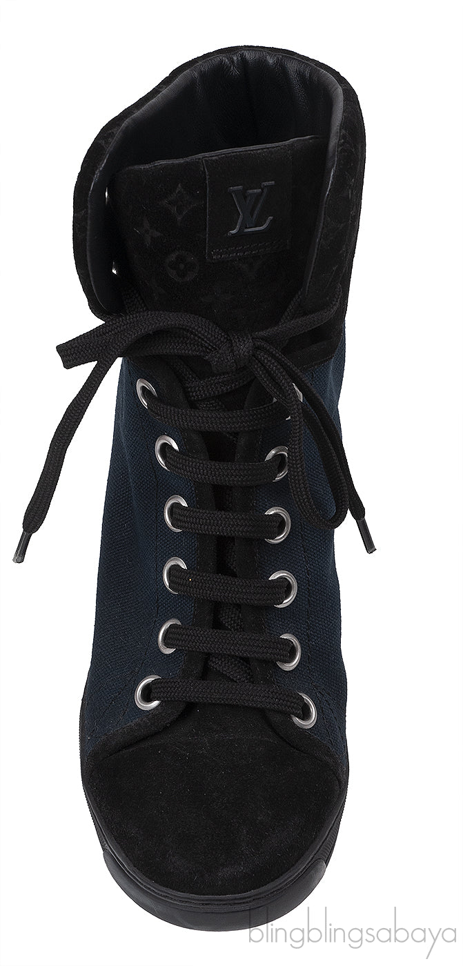 Louis Vuitton Blue & Black Monogram Wedge Boots