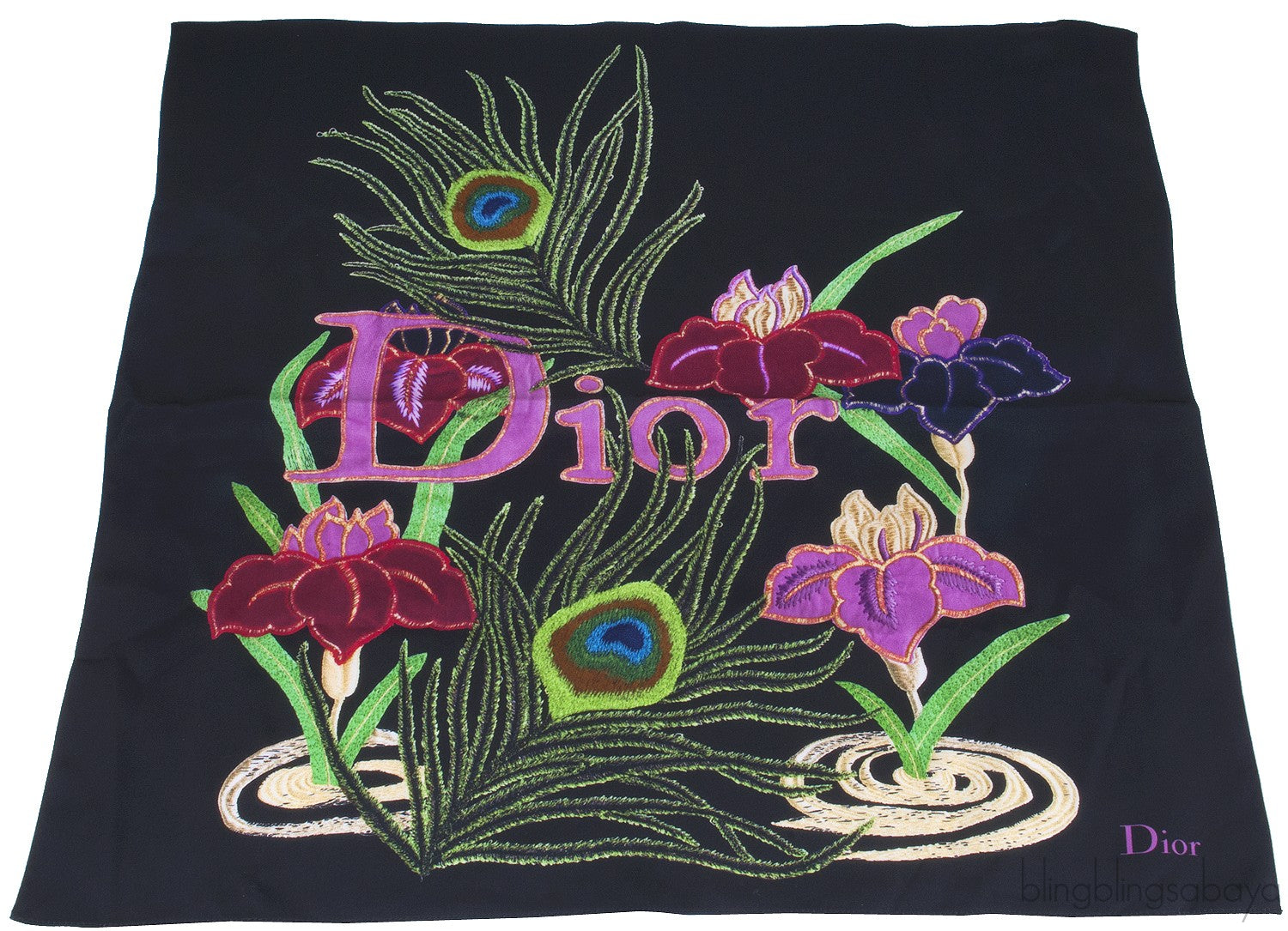 Black Floral Print Silk Scarf
