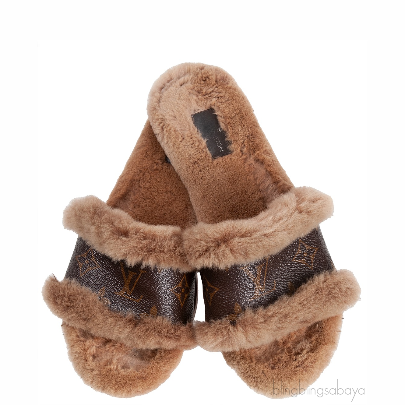 Louis Vuitton Cognac Monogram Mink Fur Slides