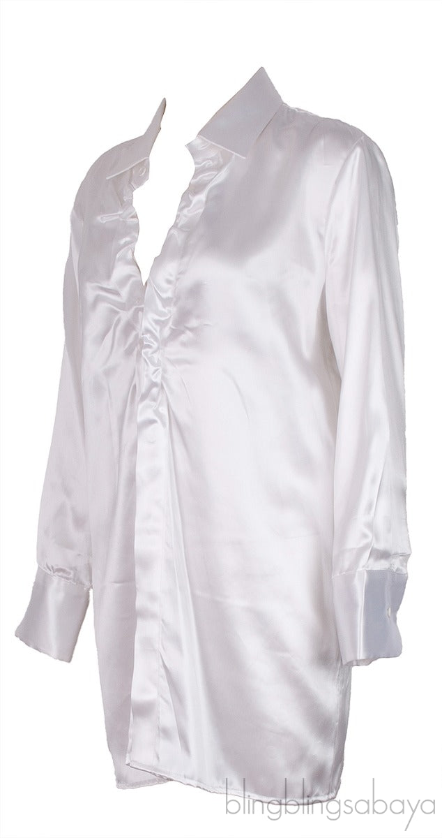 Pearl White Silk Satin Long Sleeve Shirt
