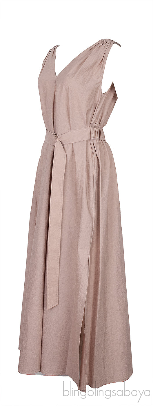 Nude Poplin Monili Shoulder Belted Midi Dress