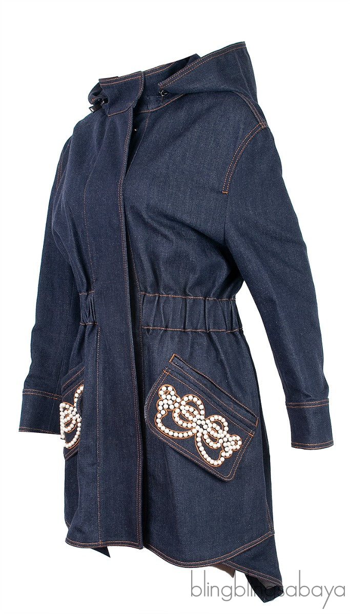 Faux Pearl Embellished Denim Coat