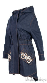 Faux Pearl Embellished Denim Coat