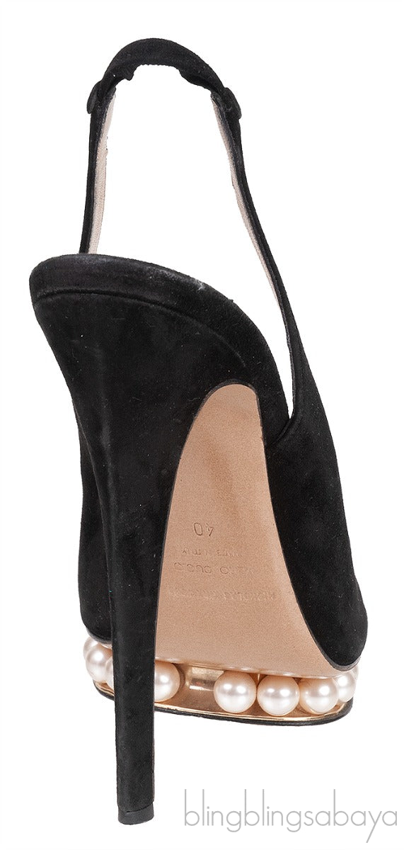 Black Satin Slingback Pearl Sandals