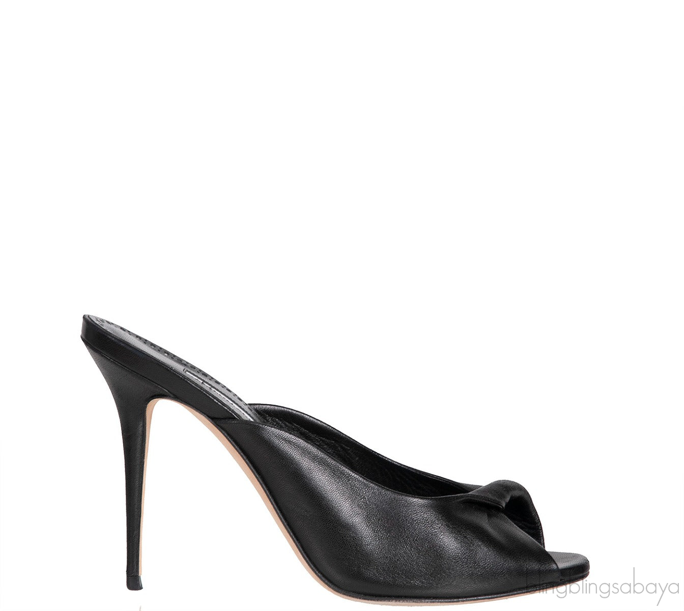 Black Leather Twisted Vamp Peep Toe Mule