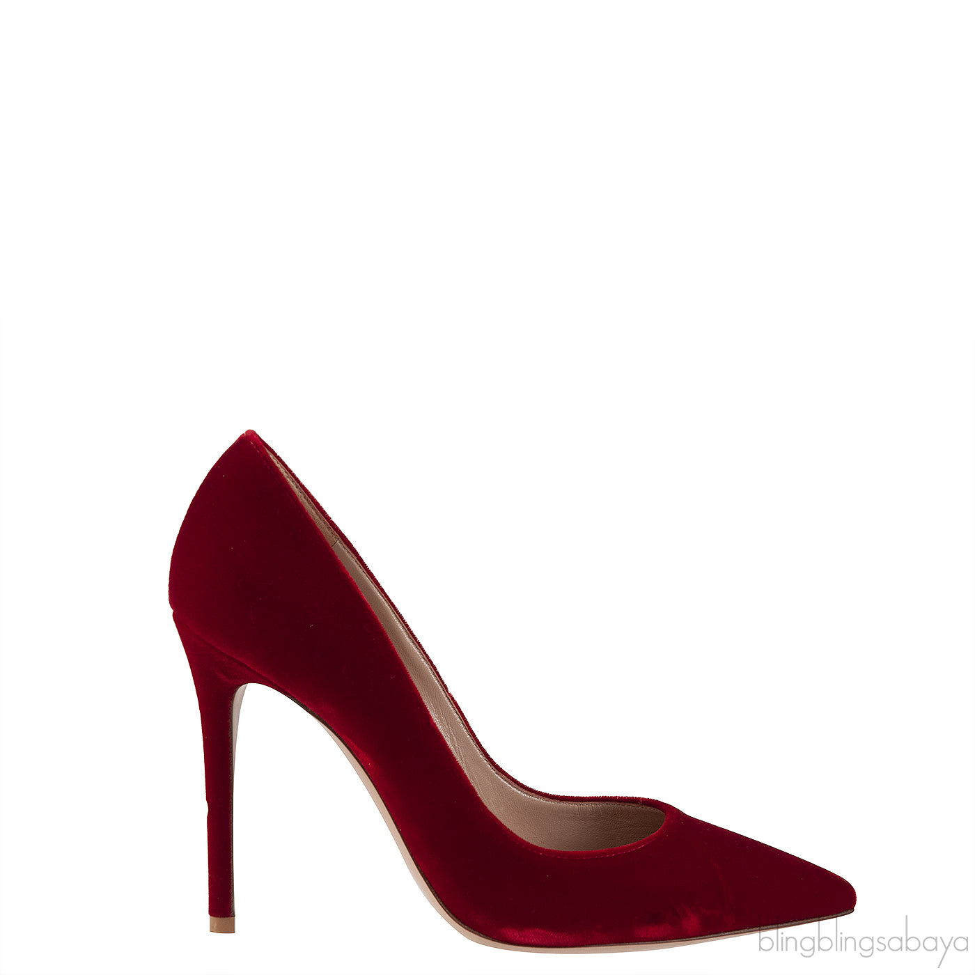 Red velvet pointed toe heels