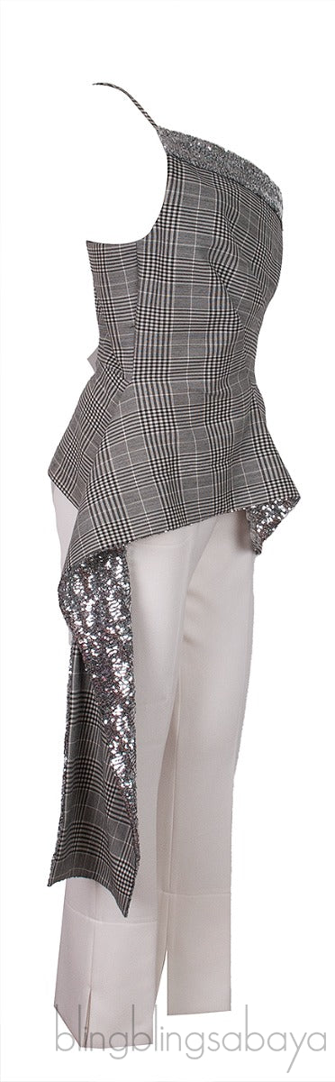 Checkered Sequin Embellished Top & White Trouser