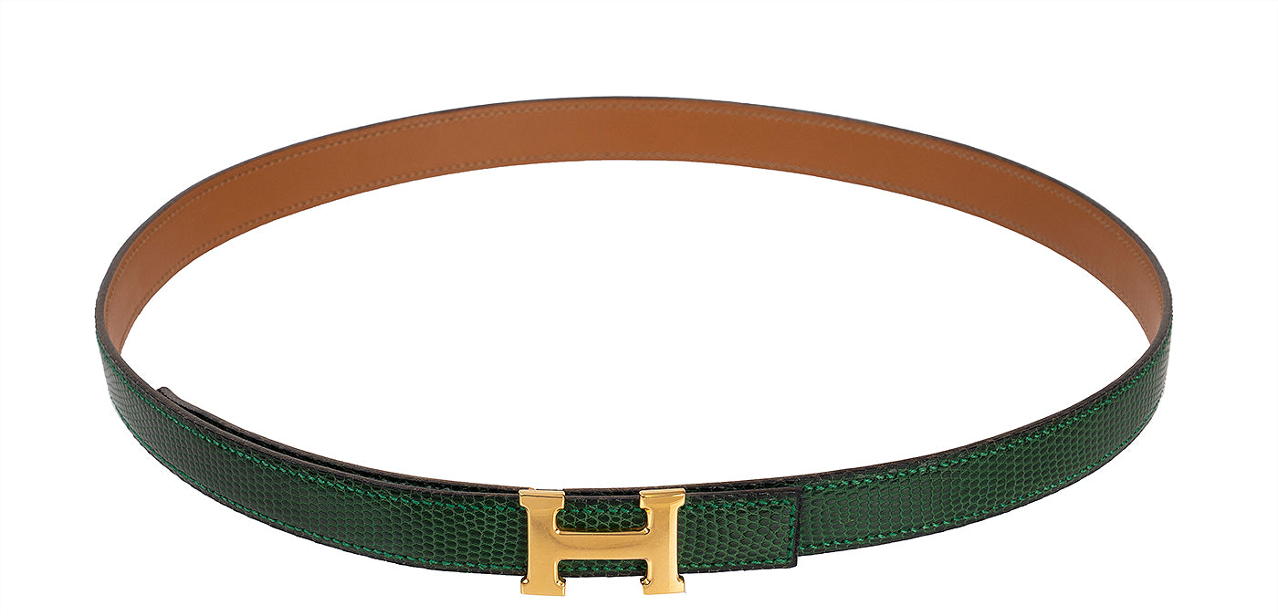 Hermes Vintage H Constance Gold Green Lizard 18 mm Belt