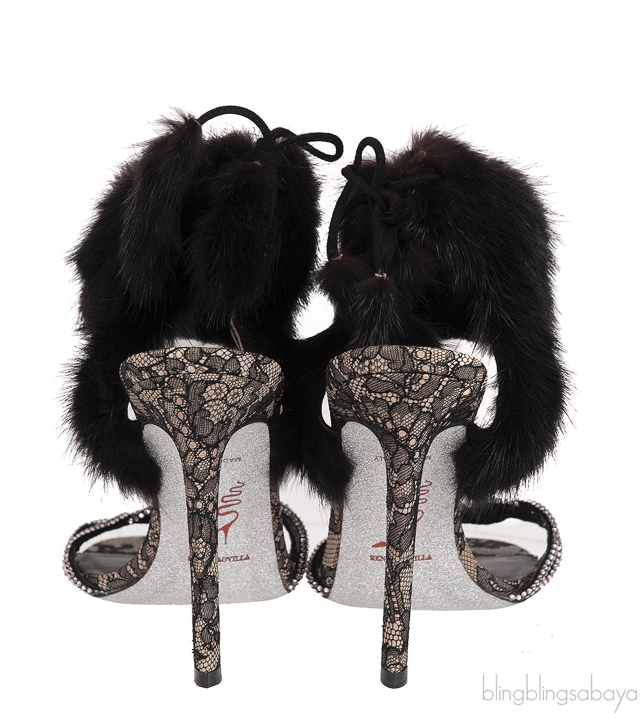 Lace and Fur Crystal Slingback Sandals
