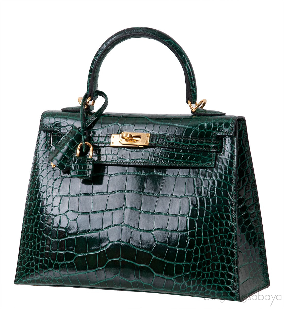 Kelly 25 Sellier Vert Fonce Patent Crocodile GHW