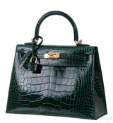 Kelly 25 Sellier Vert Fonce Patent Crocodile GHW