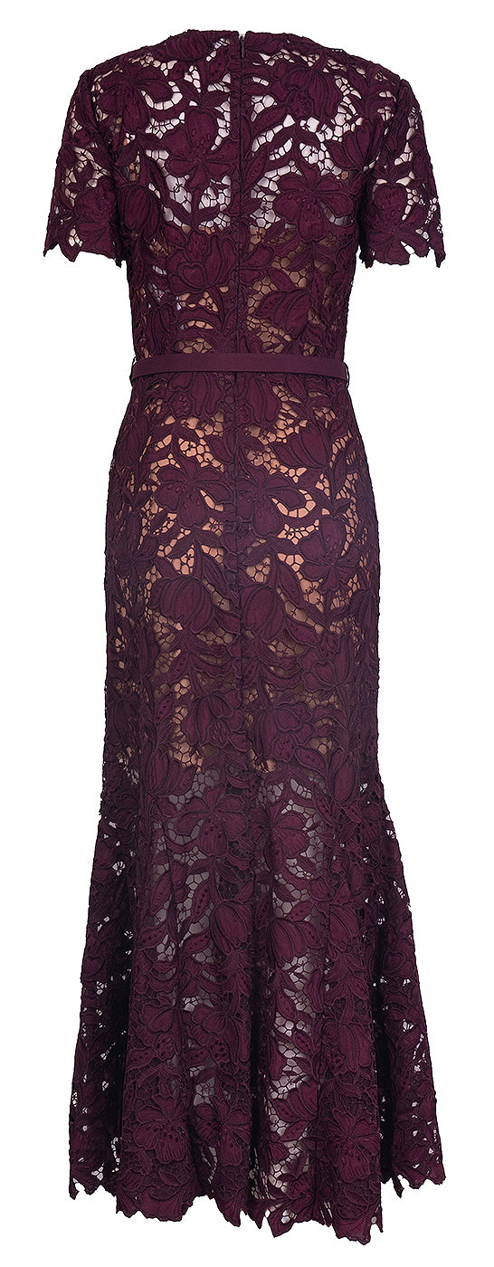 Self-Portrait Belted Floral Guipure Lace Midi Dress S