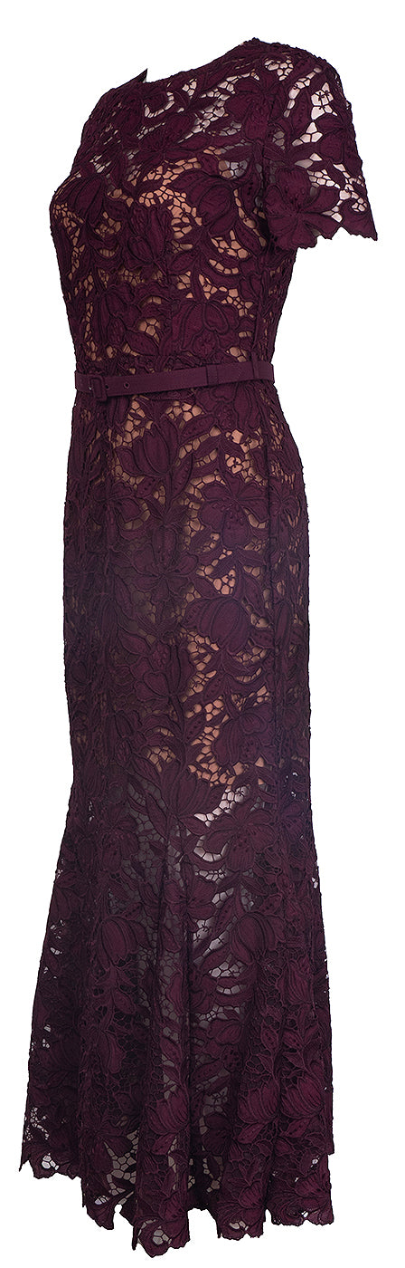 Self-Portrait Belted Floral Guipure Lace Midi Dress S