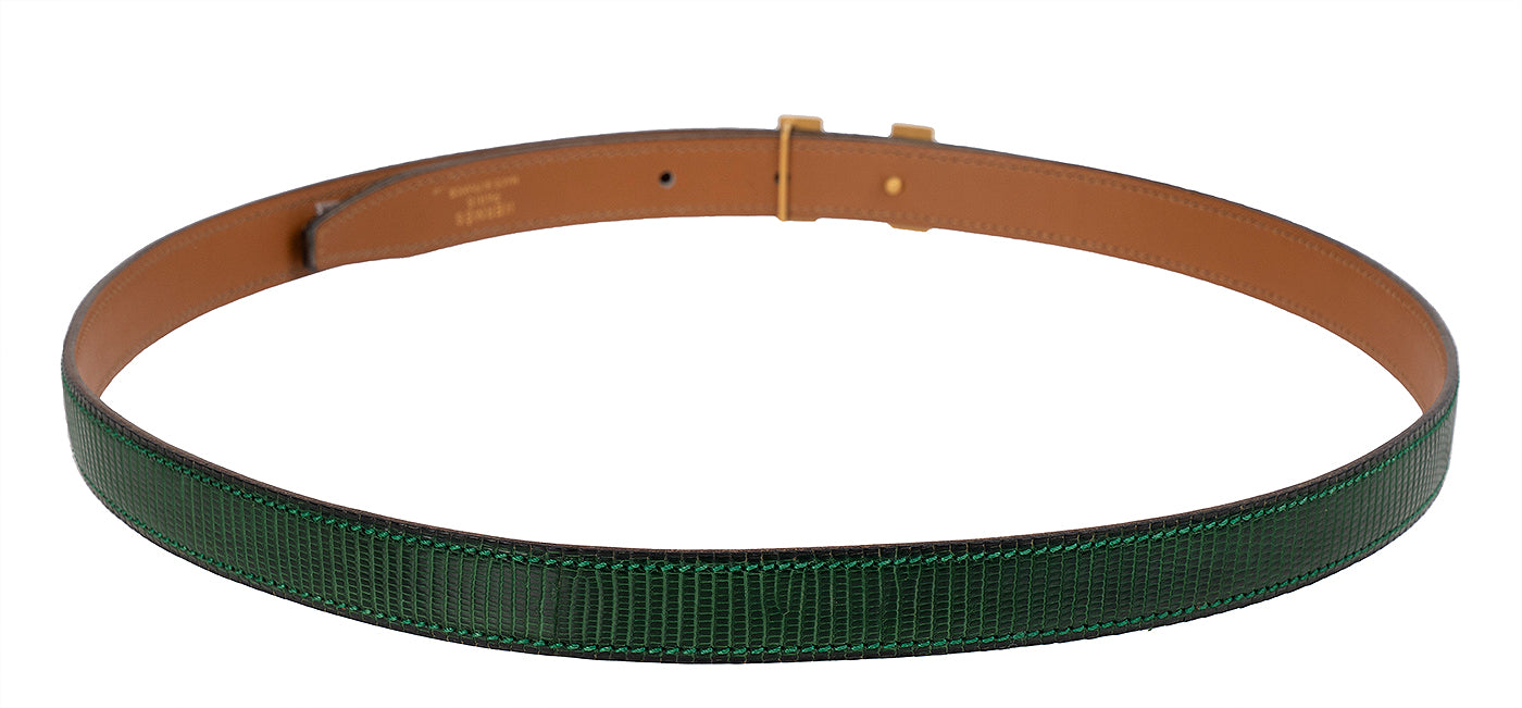 Hermes Vintage H Constance Gold Green Lizard 18 mm Belt
