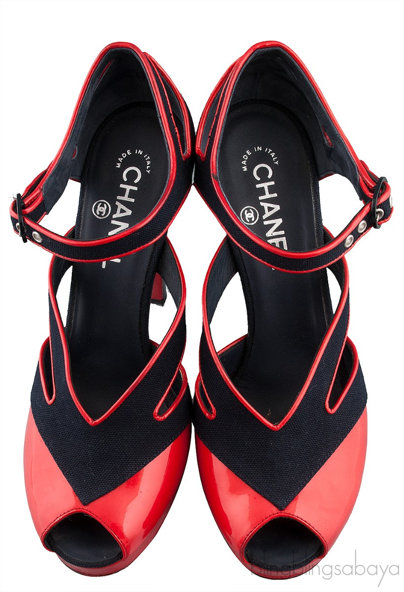 Blue Red Trim Leather Heels