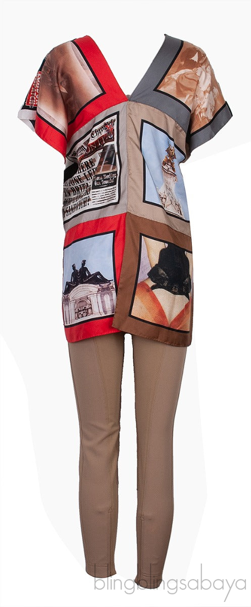 Multicolor Print Silk Blouse & Khaki Trouser