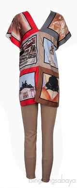 Multicolor Print Silk Blouse & Khaki Trouser