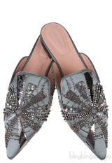 Grey Satin Sequin Embellished Pointed Toe Mule