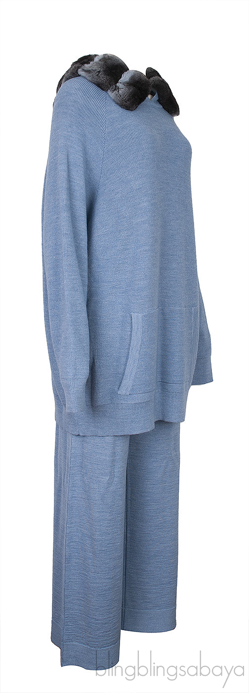 Blue Chinchillia Fur Lined Wool Hoodie and Pants