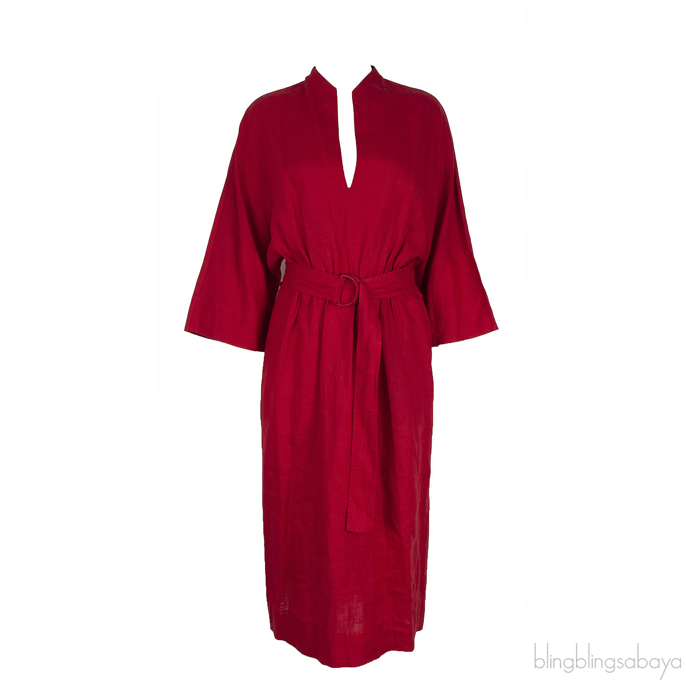 Red V-neck Belted Linen Midi Dress