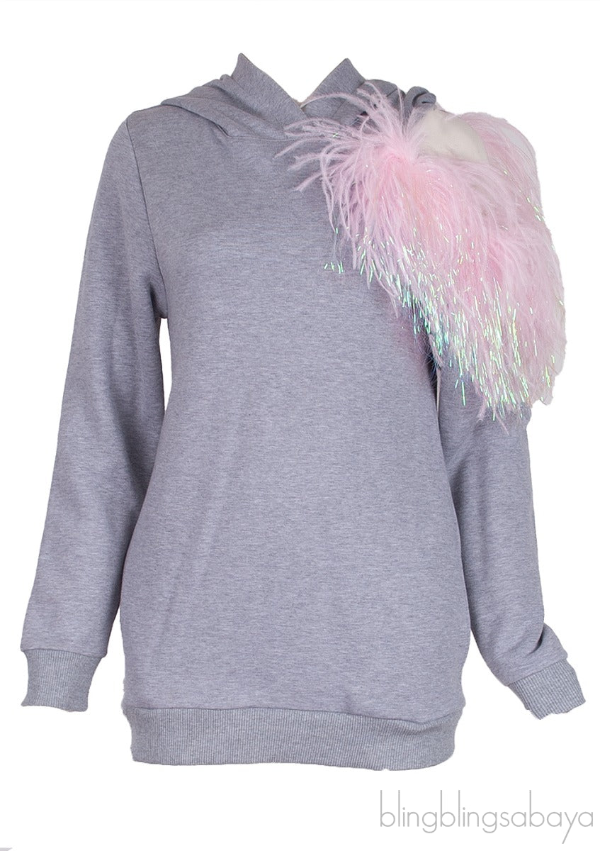 Grey Pom Pom Cut-out Hoodie