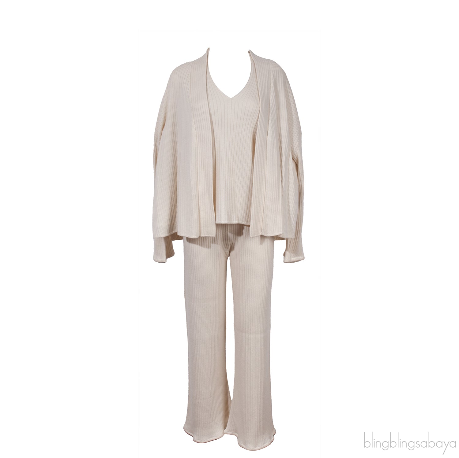 Off-white Cashmere Silk Blend Cardigan, Top & Wide Leg Set