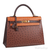 Hermes Kelly 32 Chocolate Natural and Dark Brown Ostrich GHW
