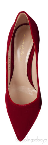 Red velvet pointed toe heels