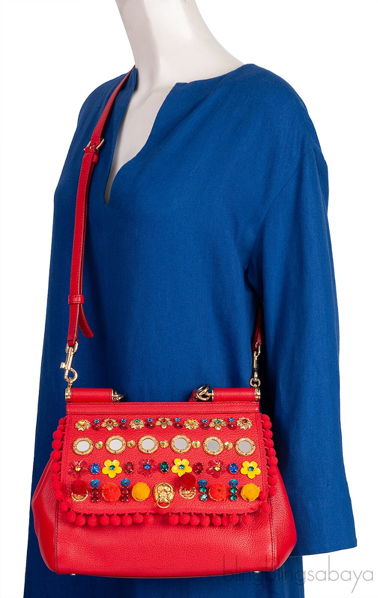 Red Miss Sicily Crystal & Flower Embellished Bag