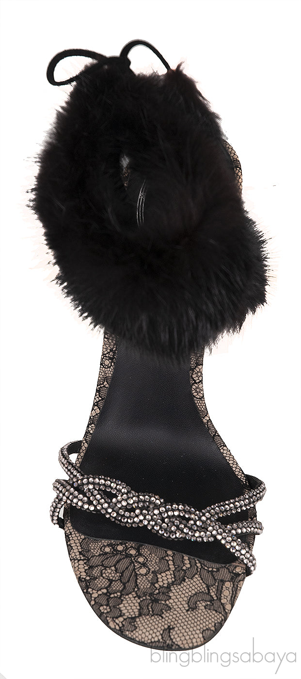 Lace and Fur Crystal Slingback Sandals
