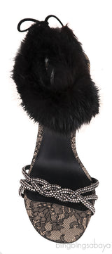 Lace and Fur Crystal Slingback Sandals