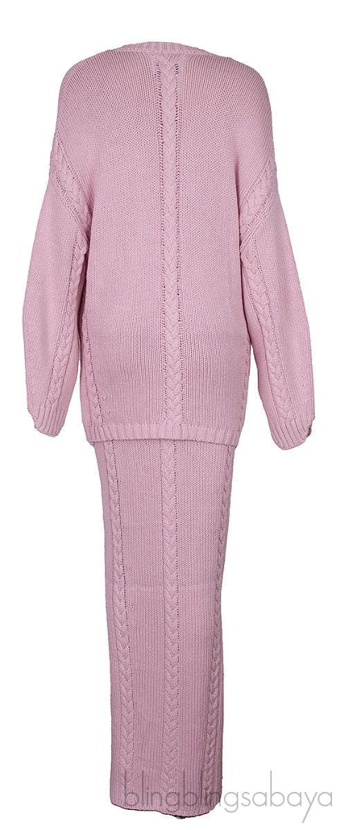 Light Pink Cable-knit Sweatshirt and Midi Skirt